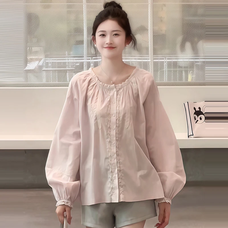 温柔风粉色蕾丝拼接防晒衬衫女2025新款秋季薄款气质小衫长袖上衣