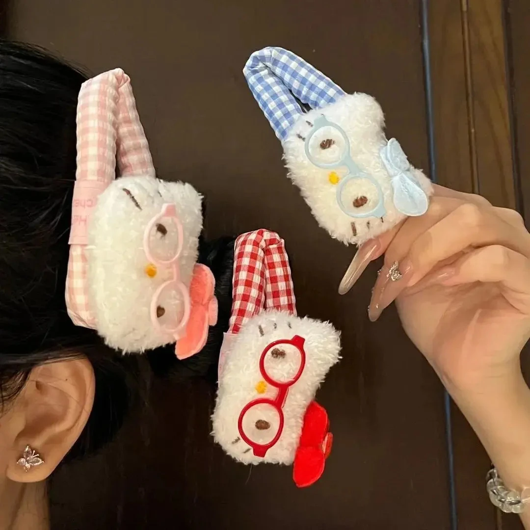 甜美眼镜KT猫格子掰掰夹少女碎发侧边BB夹卡通韩版可爱风百搭发夹