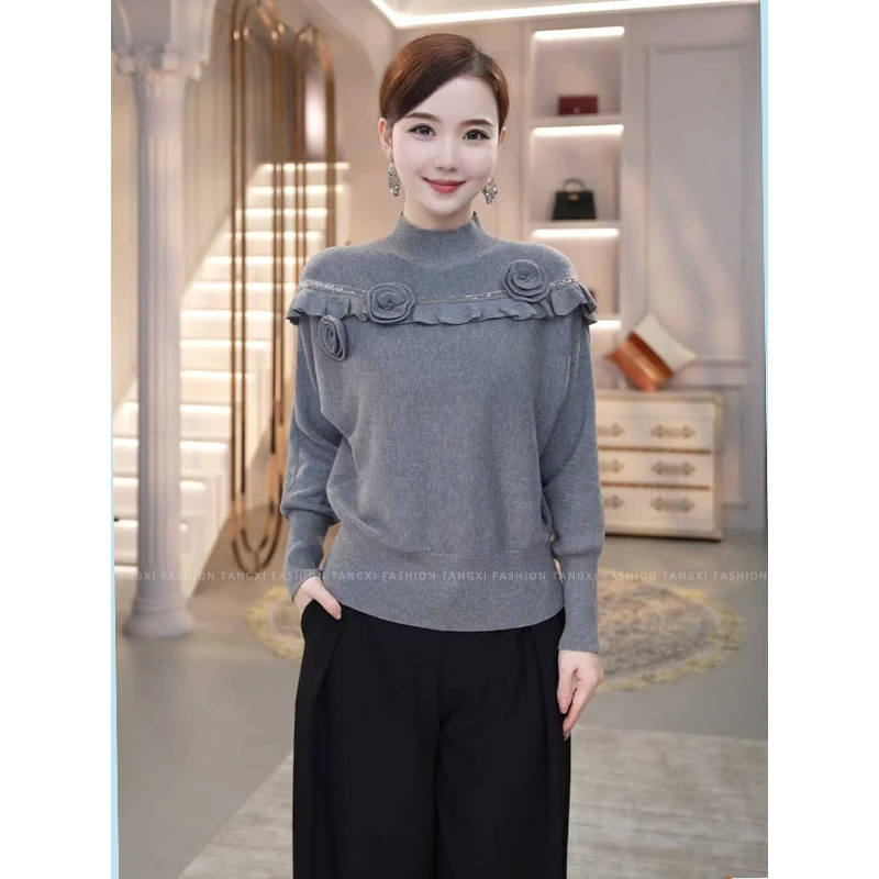 2026秋冬季【LT-1252JR】含绵羊毛洋气外穿灰色宽松打底针织毛衣女