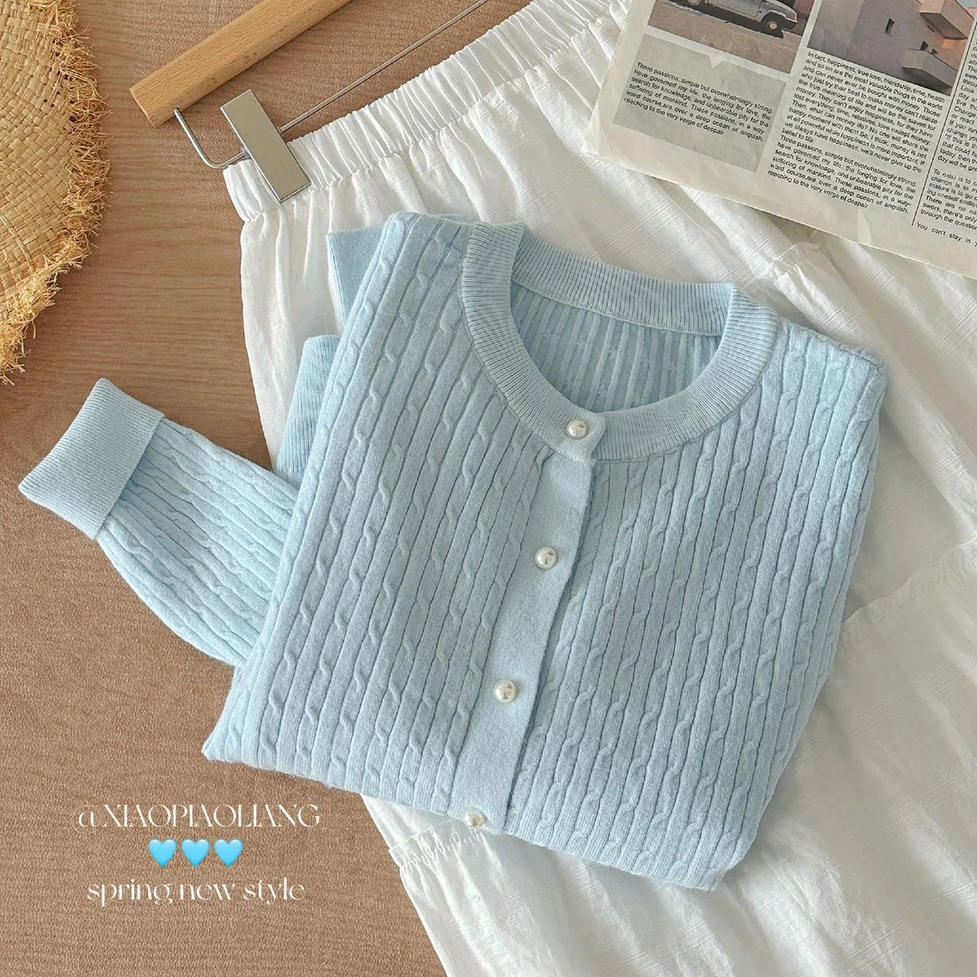 【CJJ.OOTD】奶fufu圆领长袖开衫气质显瘦减龄百搭针织上衣901#0.1