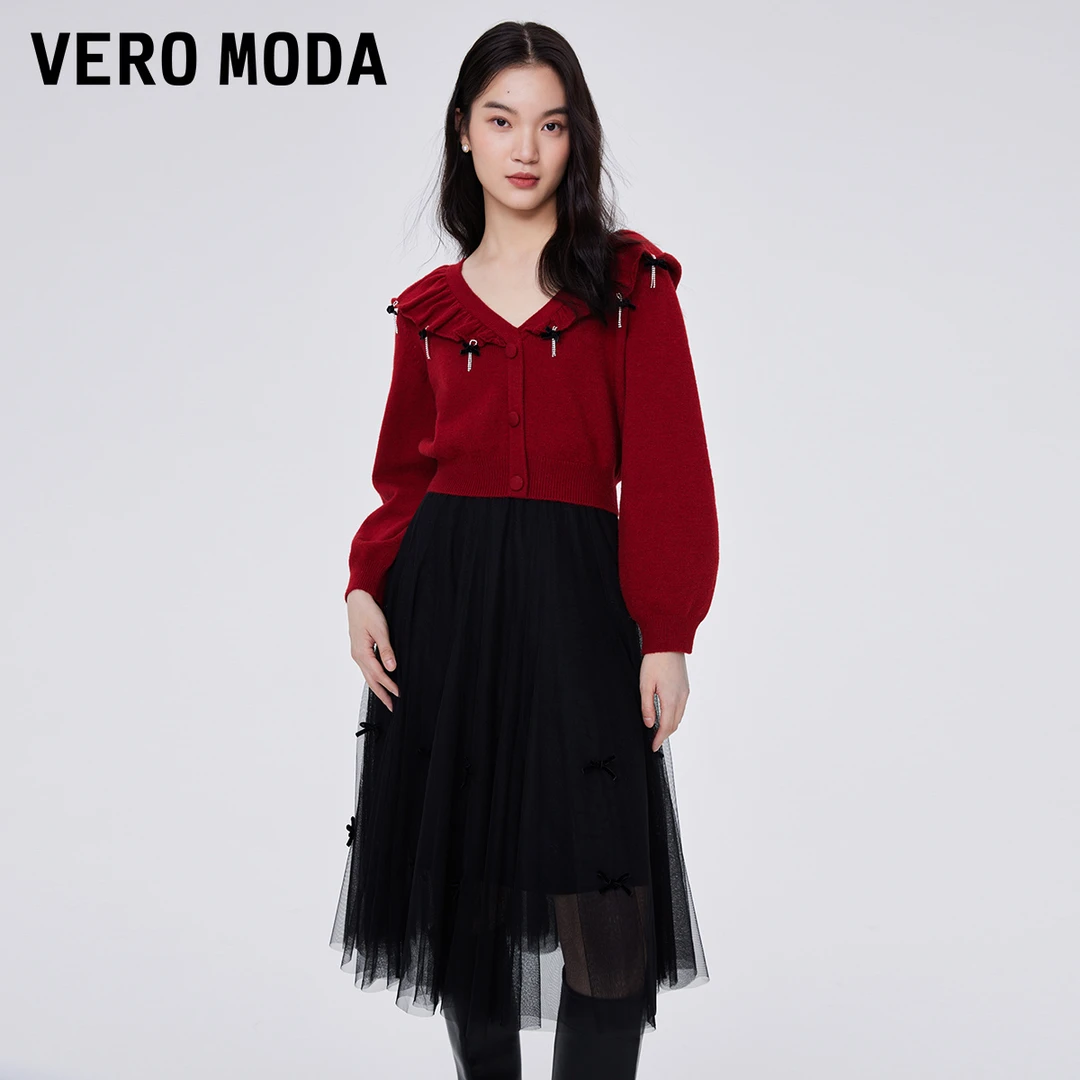 Vero Moda连衣裙女v领针织衫女吊带网纱连衣裙女百搭324346010