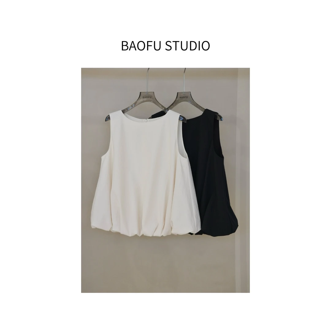 BAOFU studio | 云朵泡泡无袖上衣圆领法式褶皱廓形背心花苞上衣