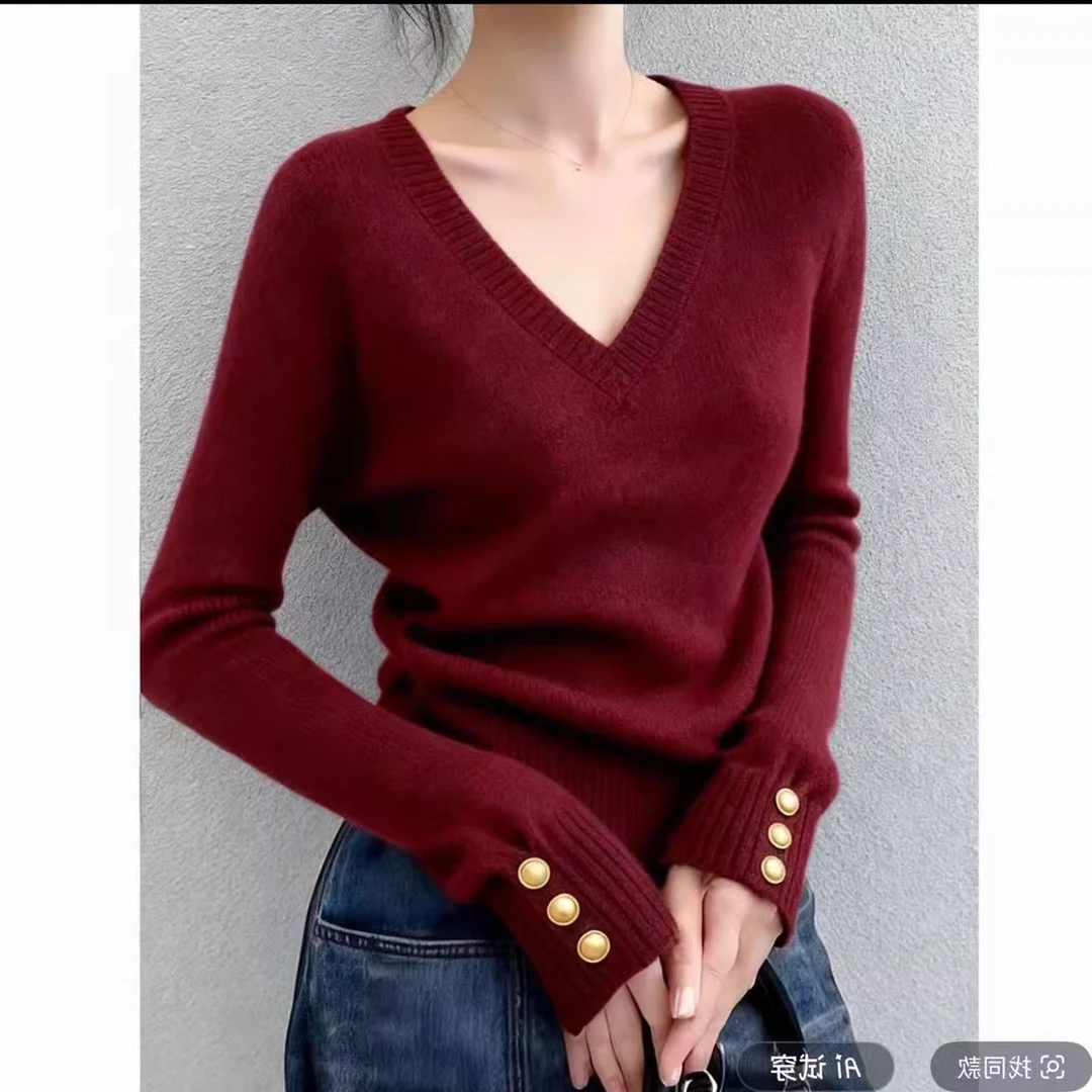 韩系复古v领长袖打底针织衫女秋冬季修身显瘦高级感毛衣内搭上衣