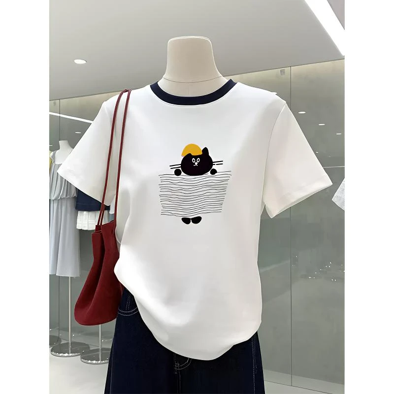 正肩纯棉短袖t恤女2025新款韩版时尚洋气白色插色上衣打底衫夏季