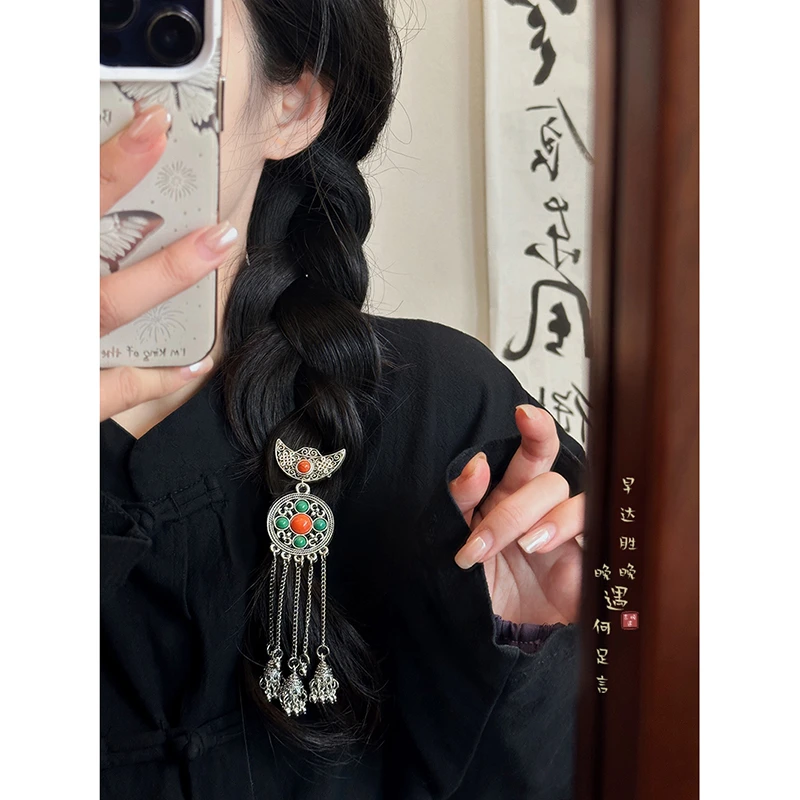 藏式复古民族风发簪女少数民族古风旗袍流苏发夹简约后脑勺发饰