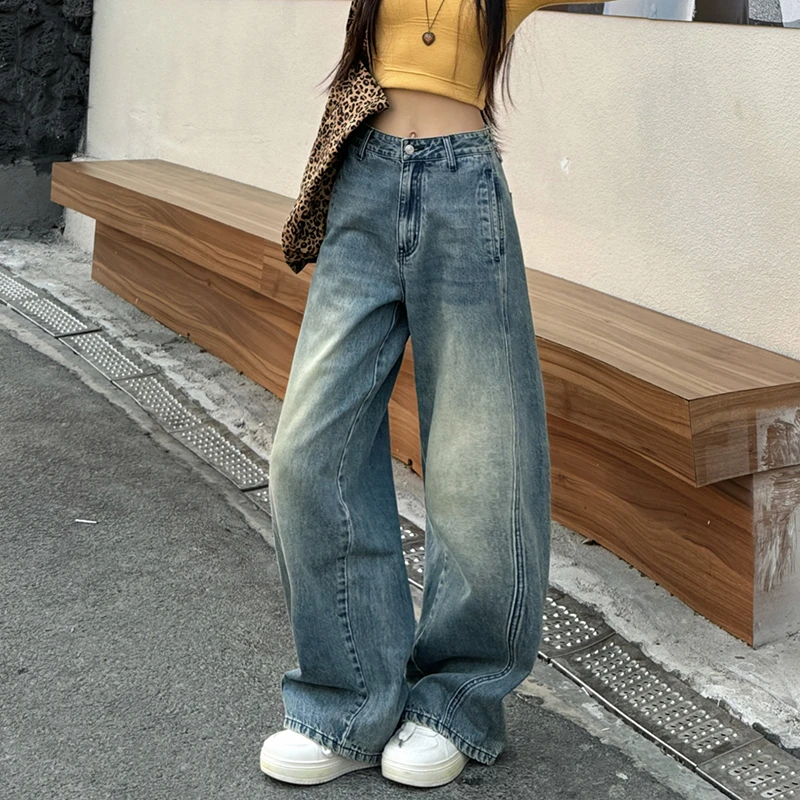ZZR3色美式复古弯刀牛仔裤女新款高腰垂感拼接宽松阔腿镰刀裤子