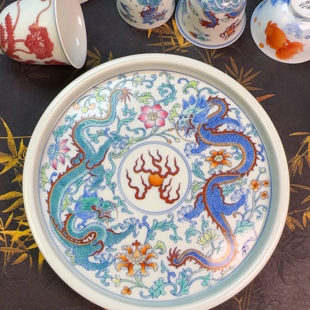 斗彩龙纹牡丹花壶承