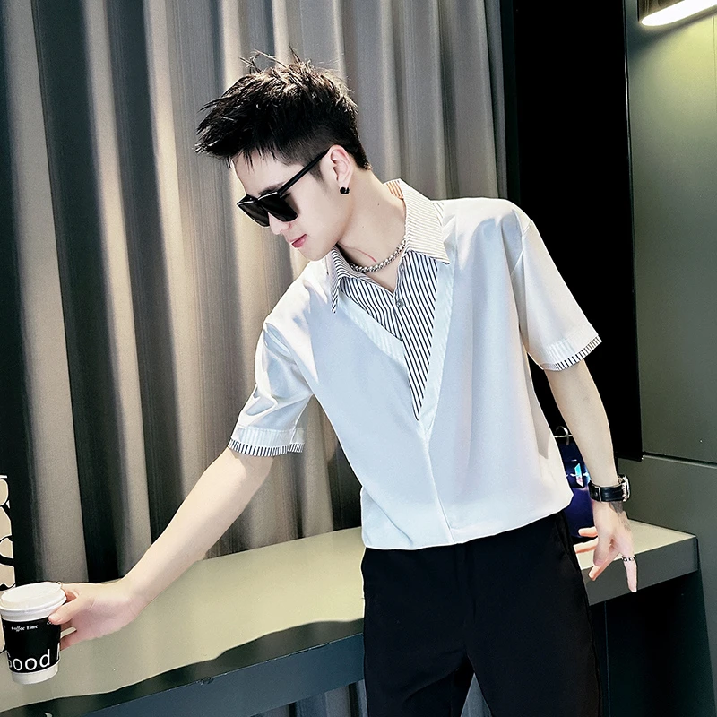 爆款拼接条纹衬衫男士短袖夏季2025新款痞帅假两件衬衣服时尚男装