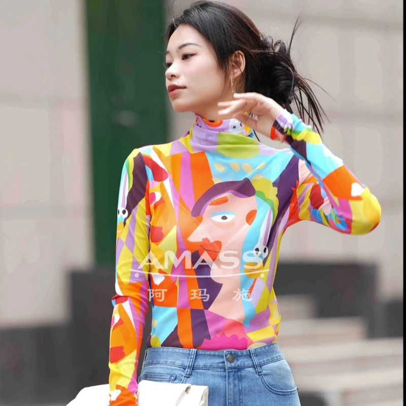 阿玛施/AMASS 秋季新款印花时尚造型长袖打底衫内搭纱衣5300587