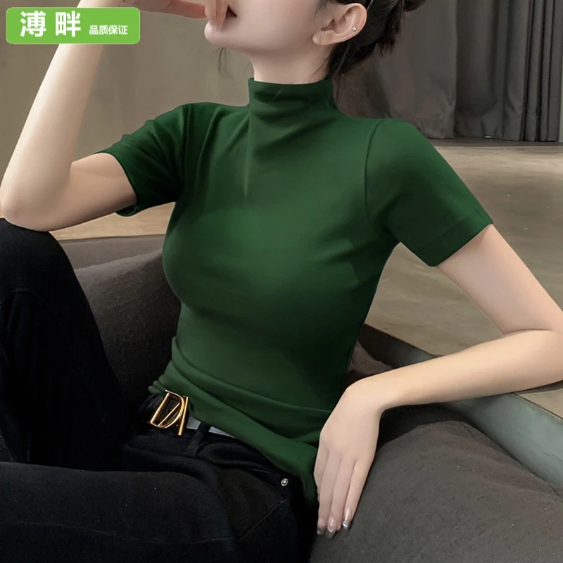 溥畔韩系短袖T恤女半高领打底衫内搭春夏微胖高端精致半袖女士上