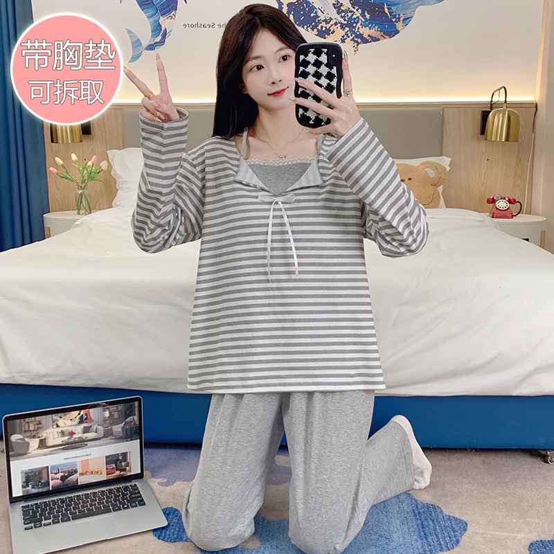 带胸垫睡衣女生春秋季新款纯棉休闲舒适韩版少女学生胖妹妹家居服