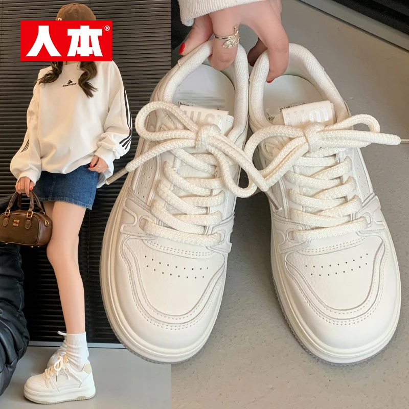 人本皮面女小白鞋学生洋气春季新款女鞋系带时尚低帮板鞋运动厚底