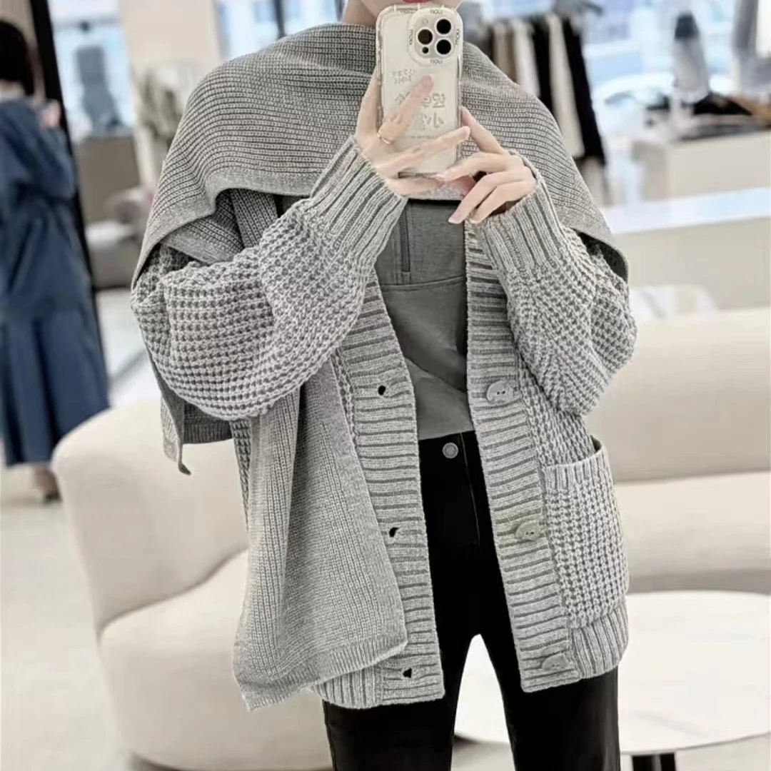 AMASS/阿玛施秋冬百搭松弛感V领华夫格廓形针织开衫 5499286