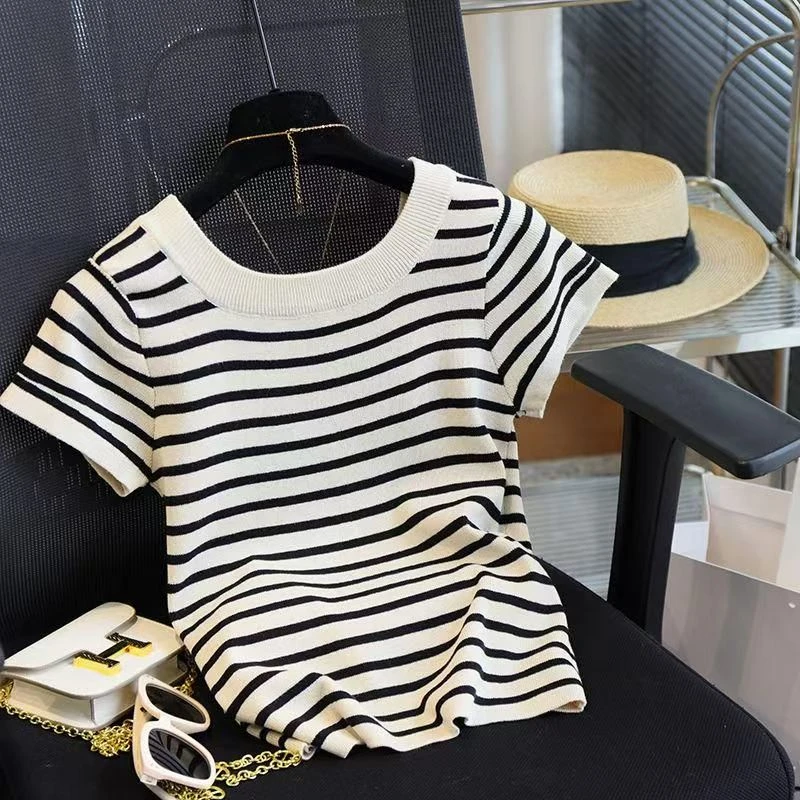黑白条纹冰丝U领正肩短袖t恤女夏季小香风高级气质短款针织上衣