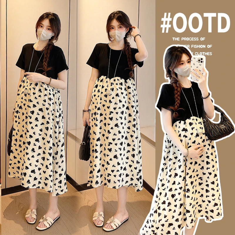 孕妇连衣裙2025夏装新款韩版时尚减龄气质显瘦假两件套爱心印花裙