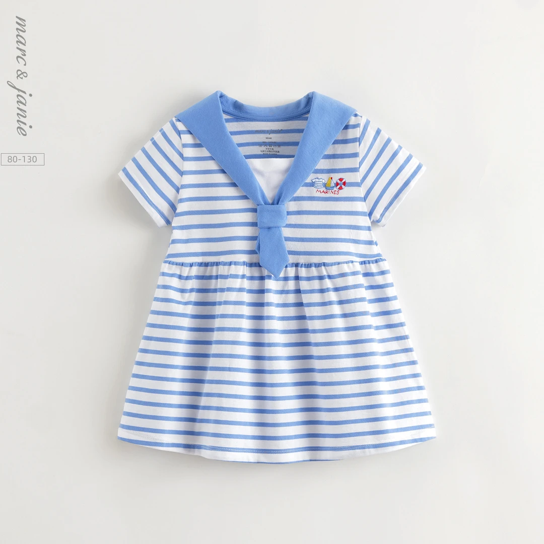 马克珍妮夏装新款 女童海军领条纹连衣裙 儿童裙子550505