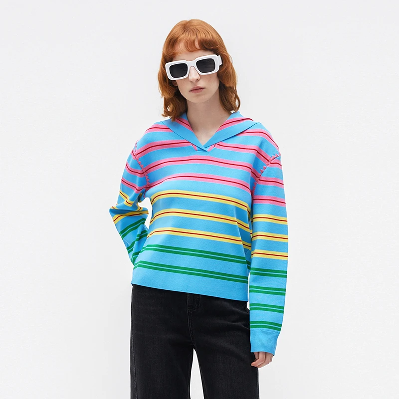 【刘校长精选】MASFER.SU玛丝菲尔素针织秋条纹海军领灯笼袖上衣