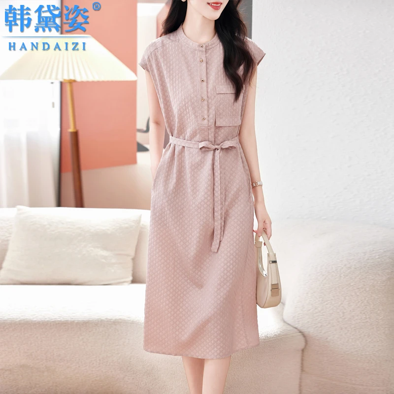杭州时尚高端冠乐绉重磅真丝连衣裙女中长款显瘦桑蚕丝短袖裙子夏