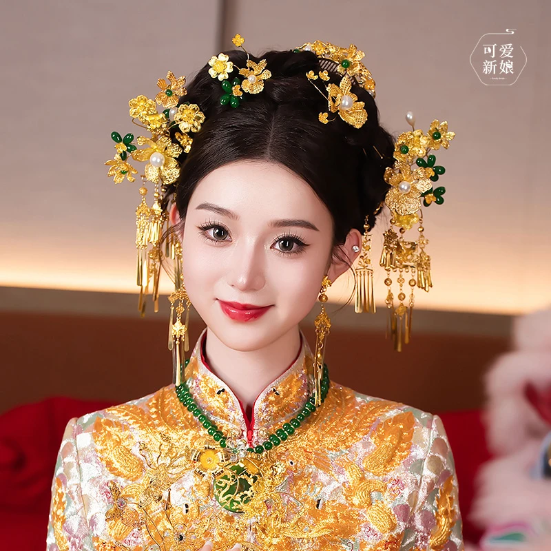 龙凤褂新娘头饰轻奢重工金绿色花朵发簪中式秀禾晨袍发饰20250306