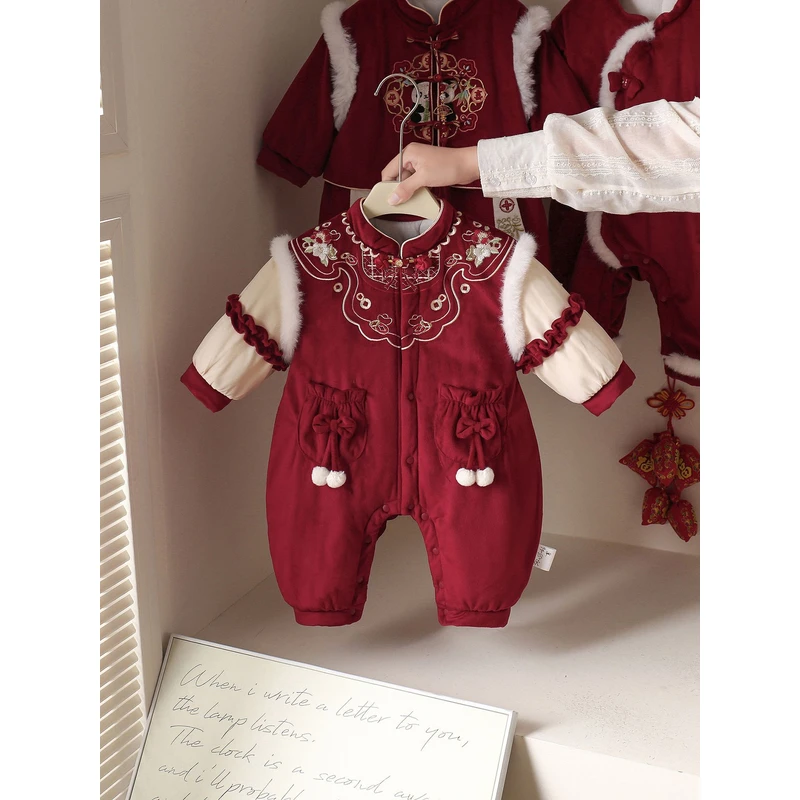 婴儿过年服满月周岁抓周生日宝宝红色国风连体衣棉衣新生儿外出服
