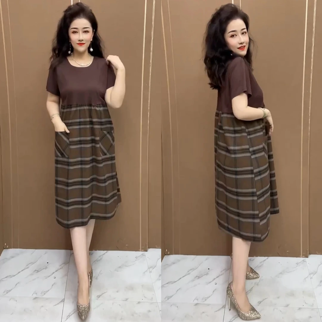 2025夏季轻薄时尚连衣裙洋气拼接款贴兜设计休闲长裙子遮肉显瘦款