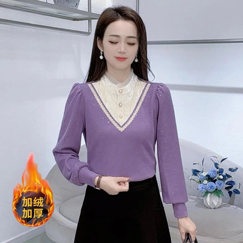 加绒加厚打底衫女2025冬季新款法式减龄显瘦假两件花边立领上衣服