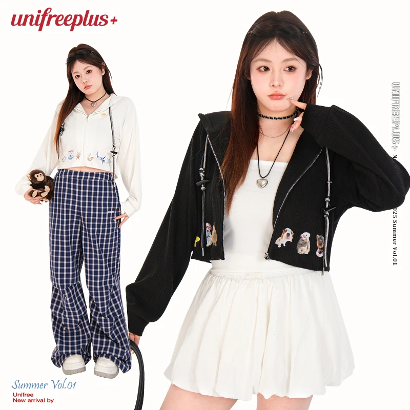 【25年秋】UNIFREEPLUS连帽针织外套女学院风动物印花插肩袖短款