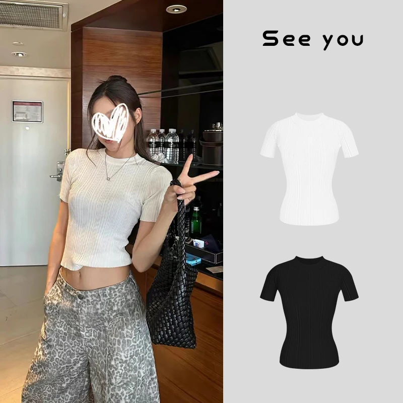 jennie同款冰麻圆领针织短袖上衣女修身显瘦T恤A1225