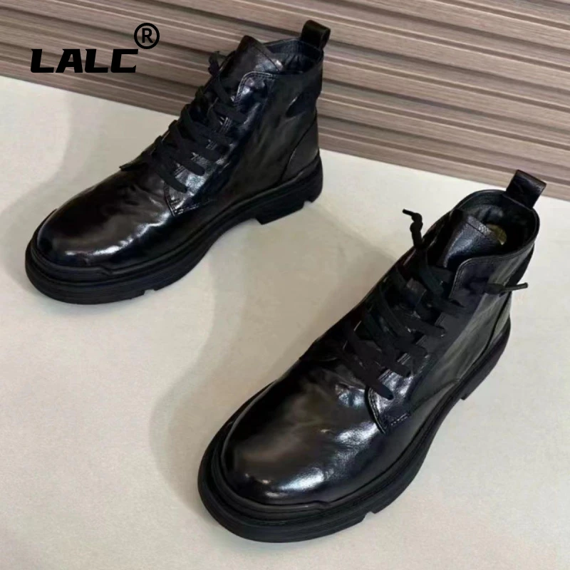 2024时尚流行新款秋冬马丁靴男头层水牛皮帅气厚底增高高帮皮鞋男