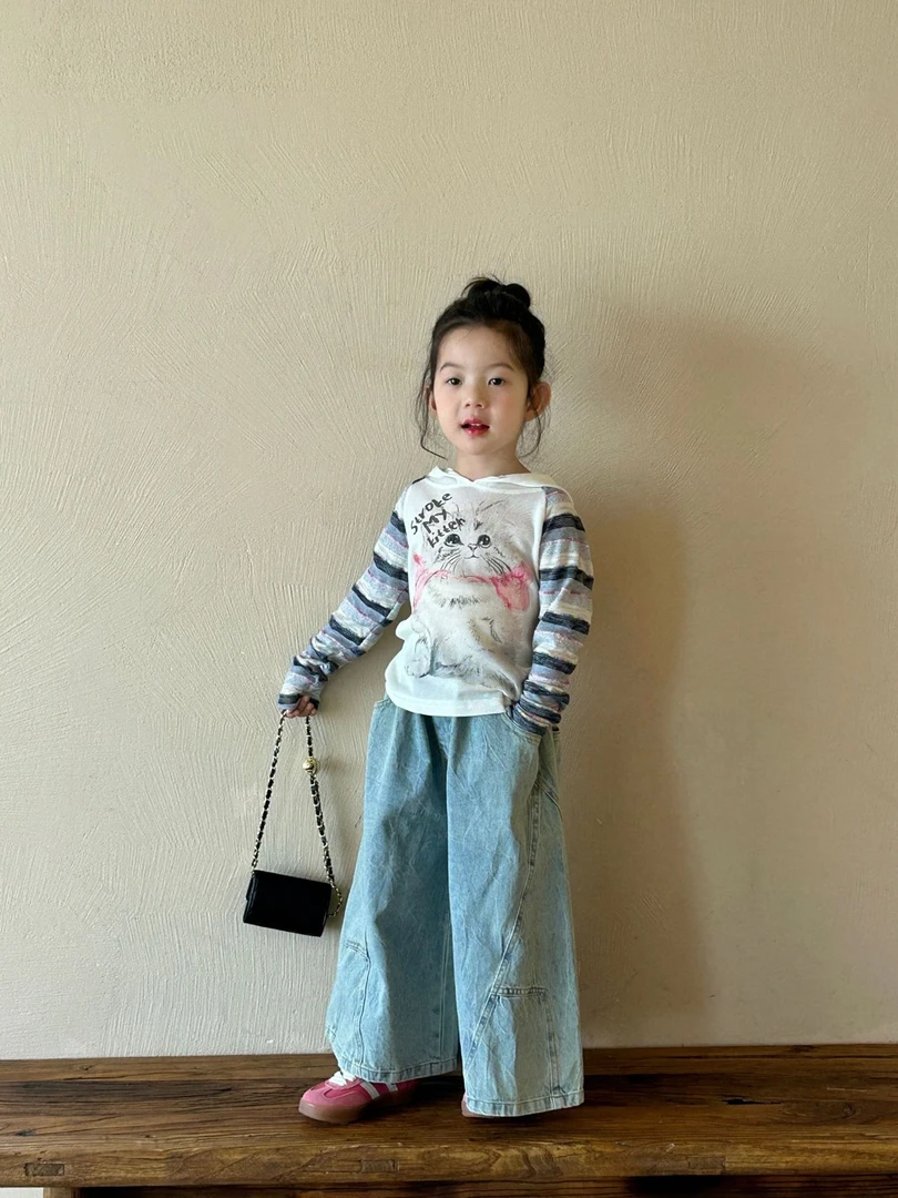 女童打底衫2025春季新款韩版猫咪连帽打底衣儿童长袖褶皱牛仔裤