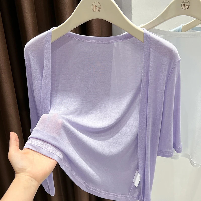 五分袖短款披肩开衫女夏外搭薄款透气中袖罩衫高级感冰丝防晒上衣