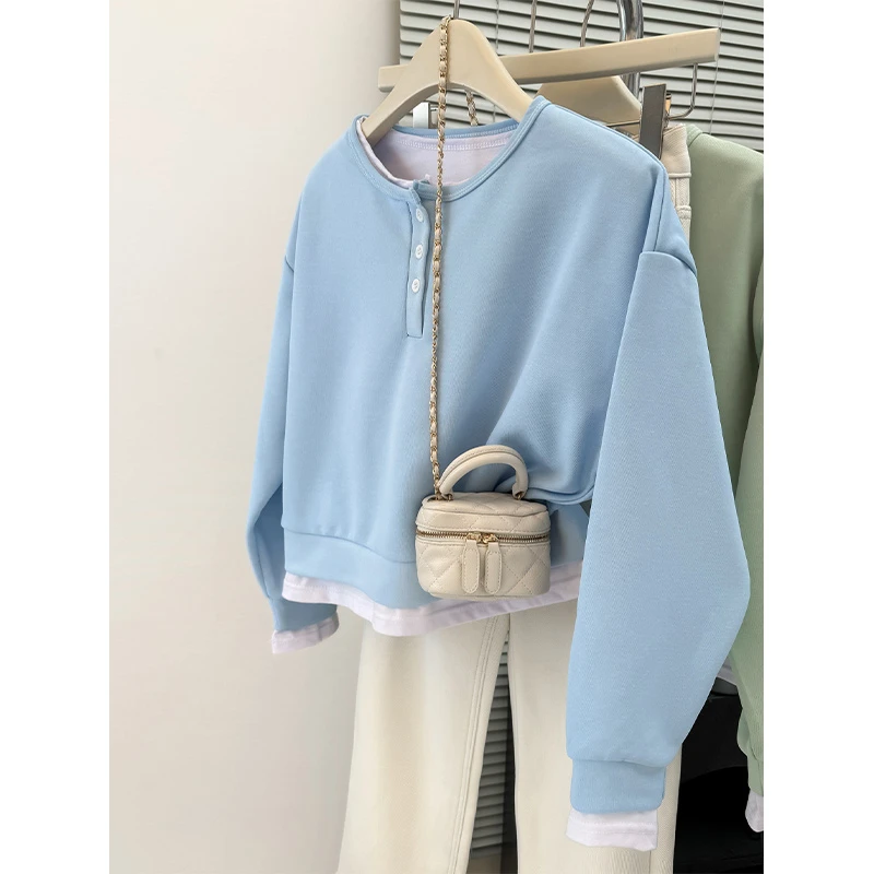 小个子宽松设计感短款卫衣女新款2025春秋季薄款小众假两件上衣潮