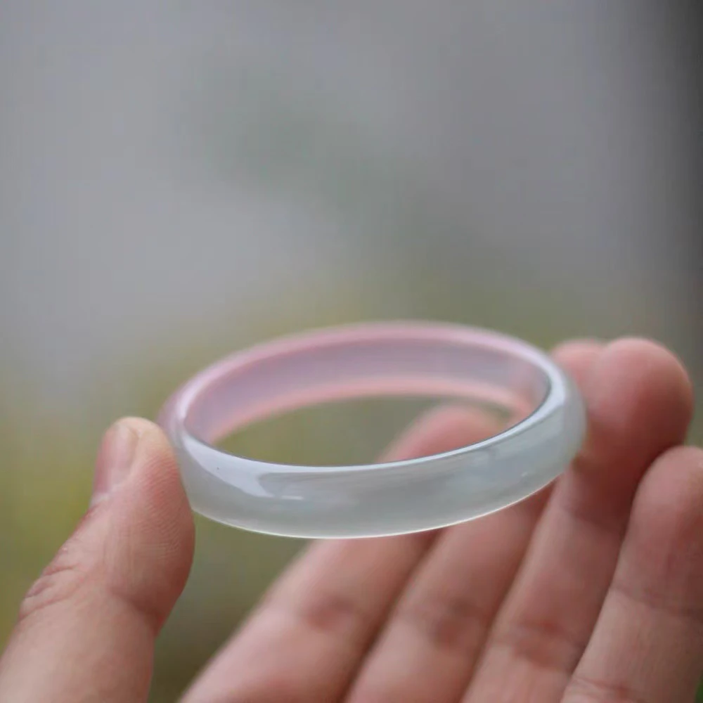 马卡龙春彩色手镯高冰种玛瑙玉髓手镯渐变色远山黛半绿半粉手镯