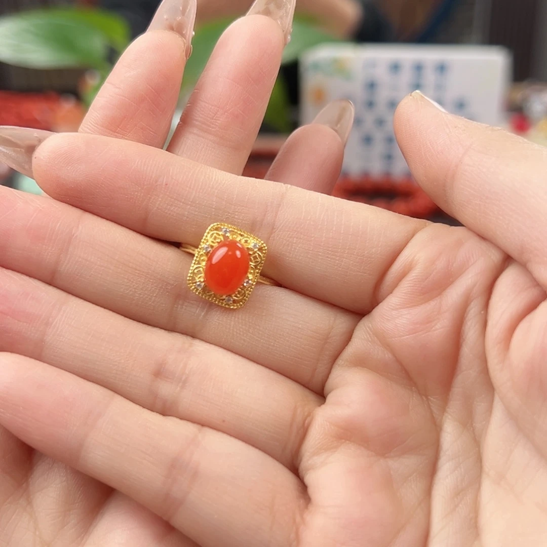 南红玛瑙银S925镀金镶嵌戒指