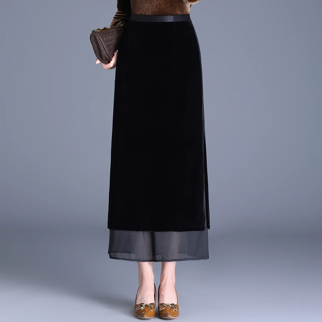 金丝绒网纱拼接半身裙女中长款2025秋季新款高腰垂感包臀一步裙子