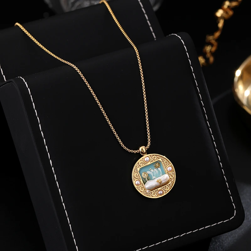 铜合金项链 《货号7569》小众设计复古新中式圆形吊坠项链