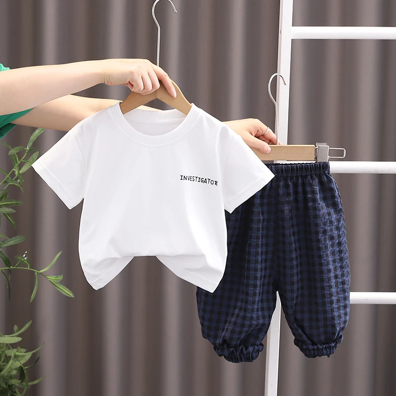 宝宝时髦二件套夏季新款女男韩版字母短袖恐龙阔腿裤休闲套装725