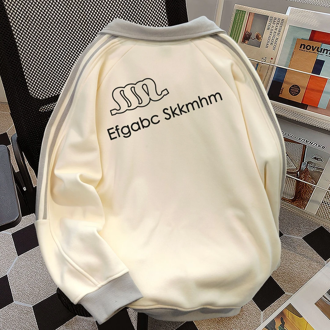 日系休闲高级字母三条杠翻领拼接卫衣秋冬季男女加绒宽松显瘦外套