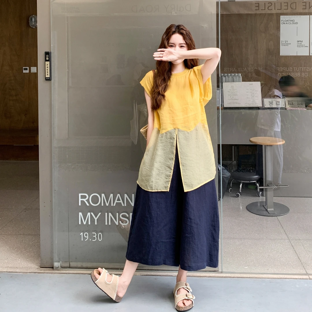 法式别致独特巨好看短袖上衣套装女2025夏季新款阔腿九分裤两件套