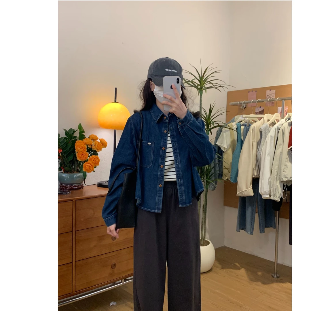 复古港风简约单口袋小标宽松休闲牛仔衬衫218