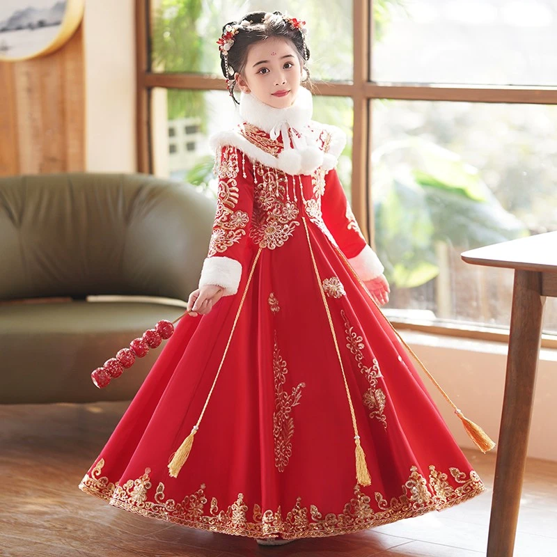 巴拉开门红女童连衣裙冬款新年儿童中国风唐装汉服小女孩古风拜年