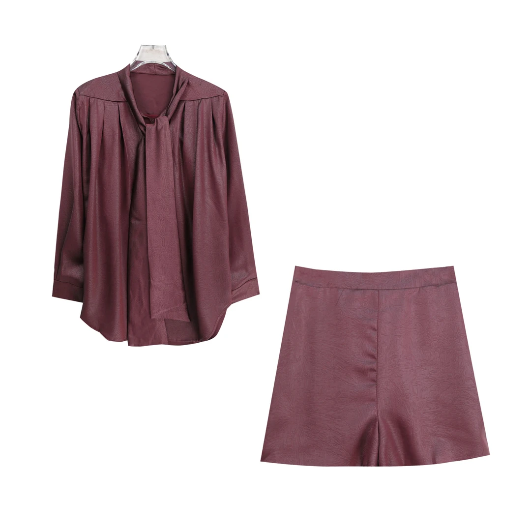 S 高级感缎面飘带设计感衬衫气质短裤两件套装X27327（赠腰带）