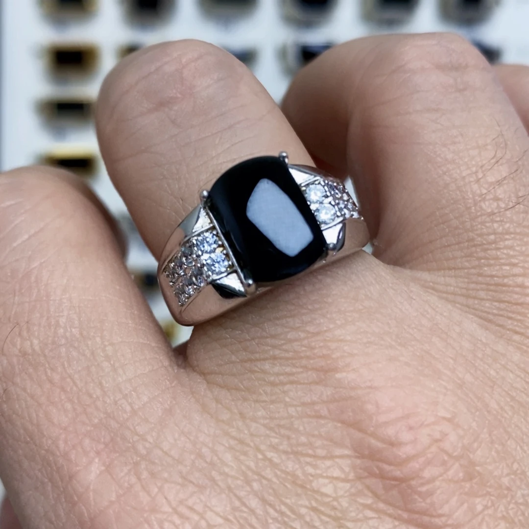 翡翠银S925镶嵌戒指墨翠戒指