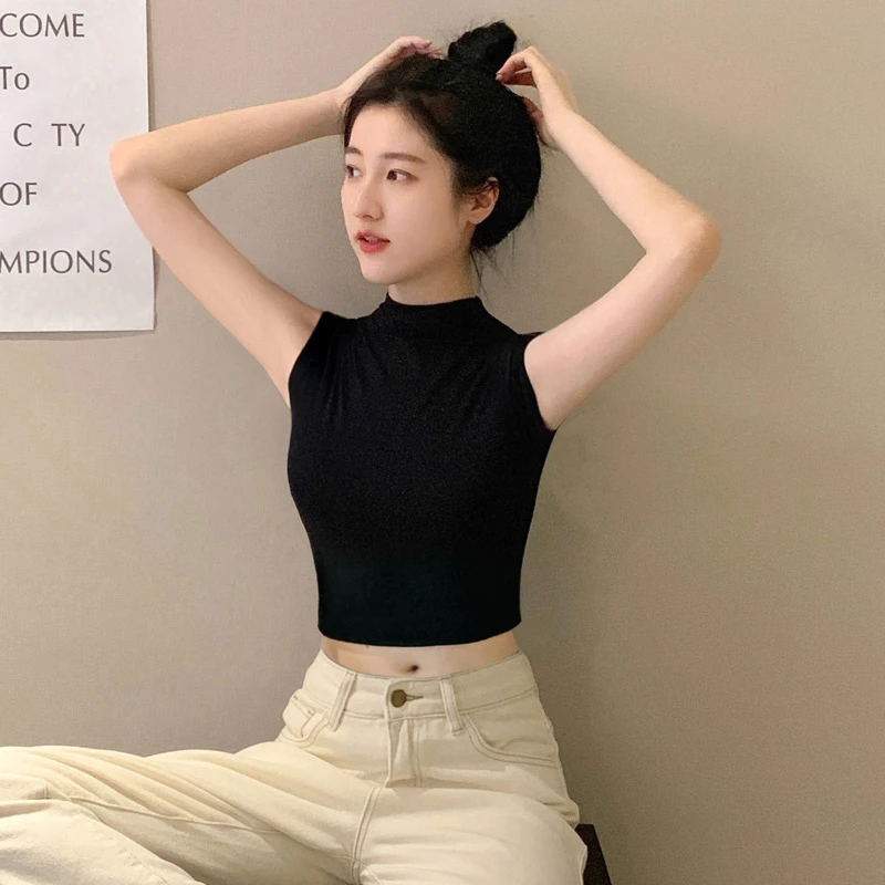 黑色半高领吊带背心女夏外穿短款无袖t恤95棉打底坎肩上衣服内搭
