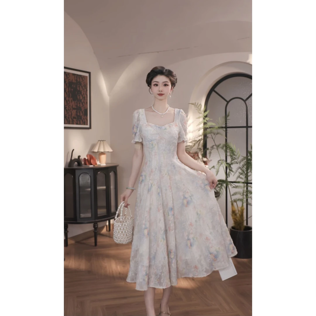 【薇宝儿-婷婷】-梦幻仙境夏季新款法式优雅气质修身显瘦碎花连衣裙