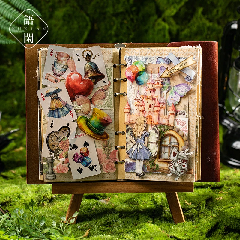 语闲pet贴纸包 爱丽丝故事系列 复古童话造景素材儿童手帐DIY拼贴
