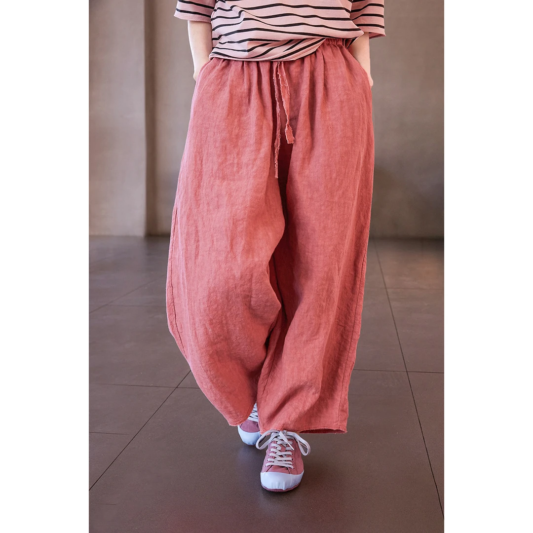 夏季洋气新品亚麻原创宽松休闲裤裤子柔雾粉透气显瘦大码九分裤女