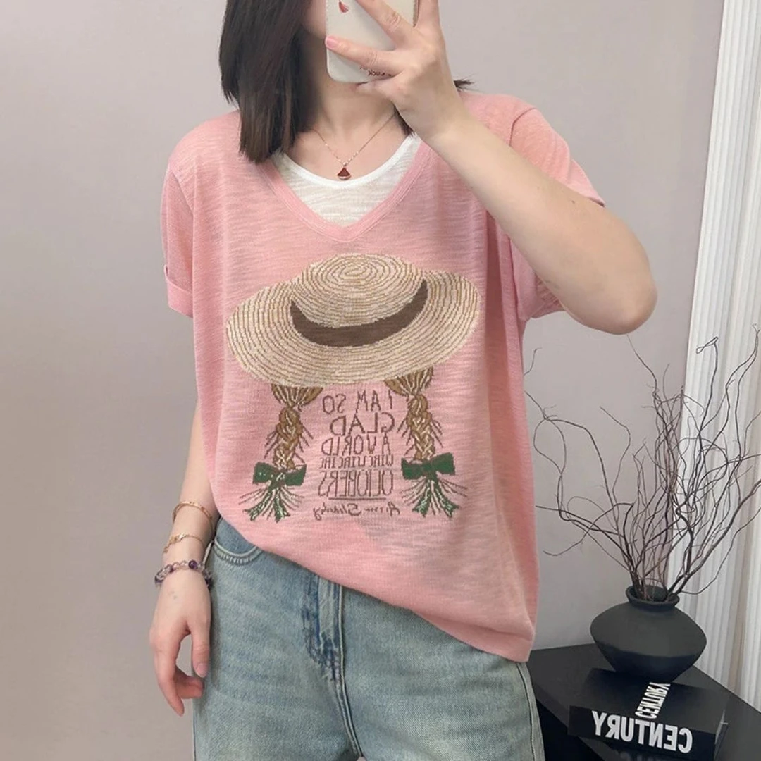 2025夏季新款半袖T恤小草帽印花时尚休闲百搭宽松潮流大码上衣