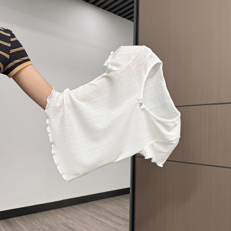 木耳边蝴蝶结提花肌理感短袖t恤女2026夏季修身显瘦正肩上衣