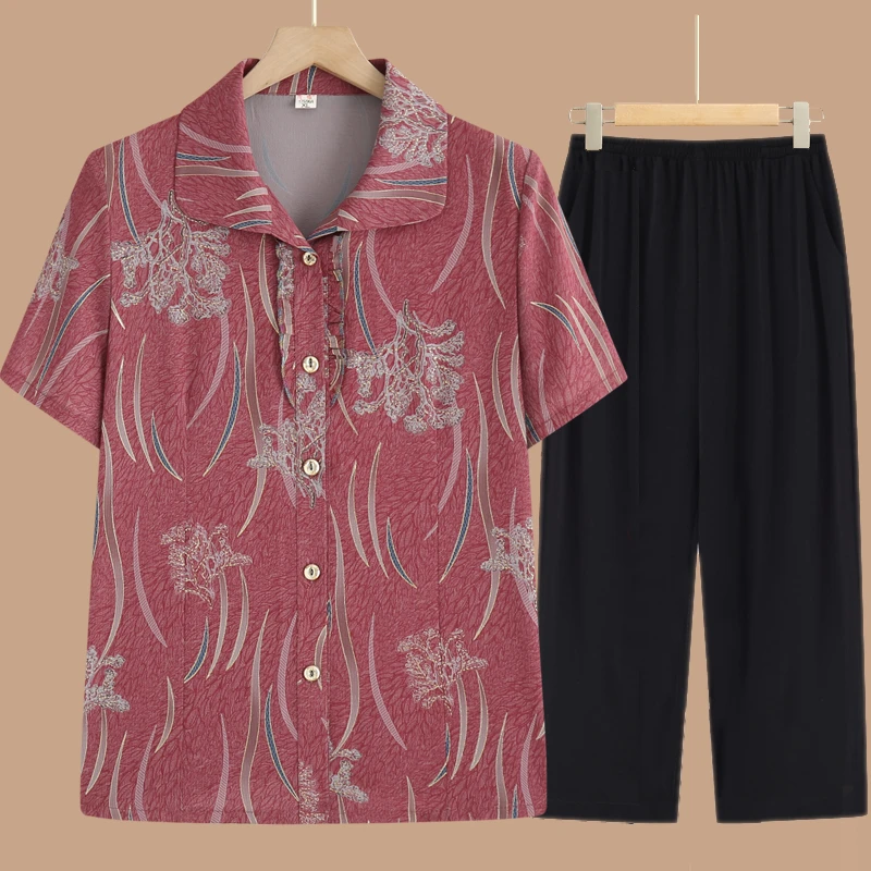 妈妈夏装衬衫上衣女奶奶装夏季短袖雪纺衫老年人6070岁时尚两件套